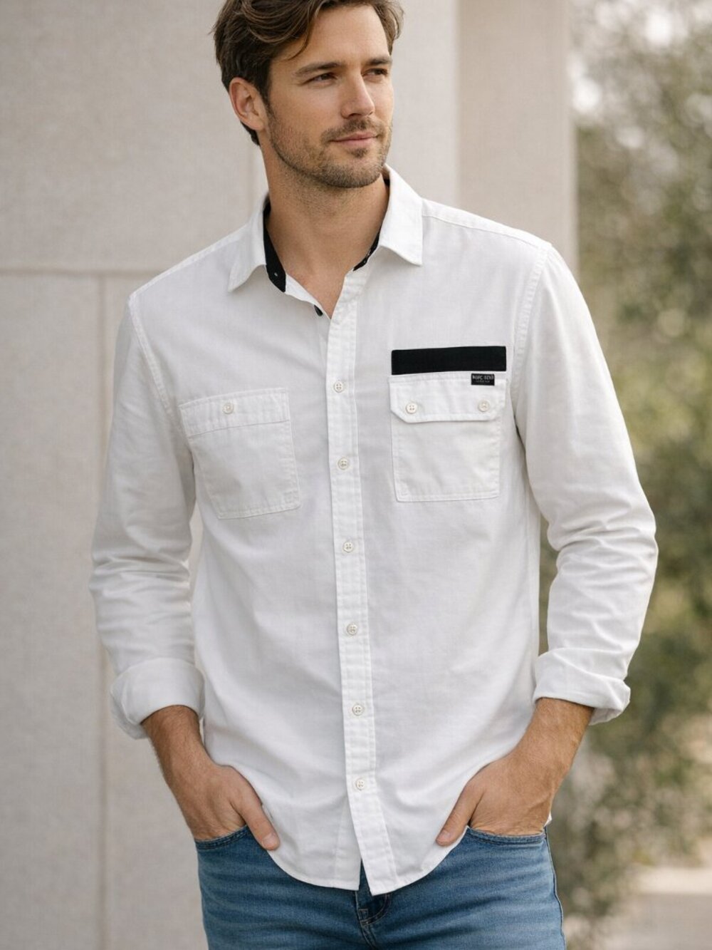 Marc Ecko Cut & Sew Men's Large Slim Button Up Shirt White Black Y2K Casual Work
